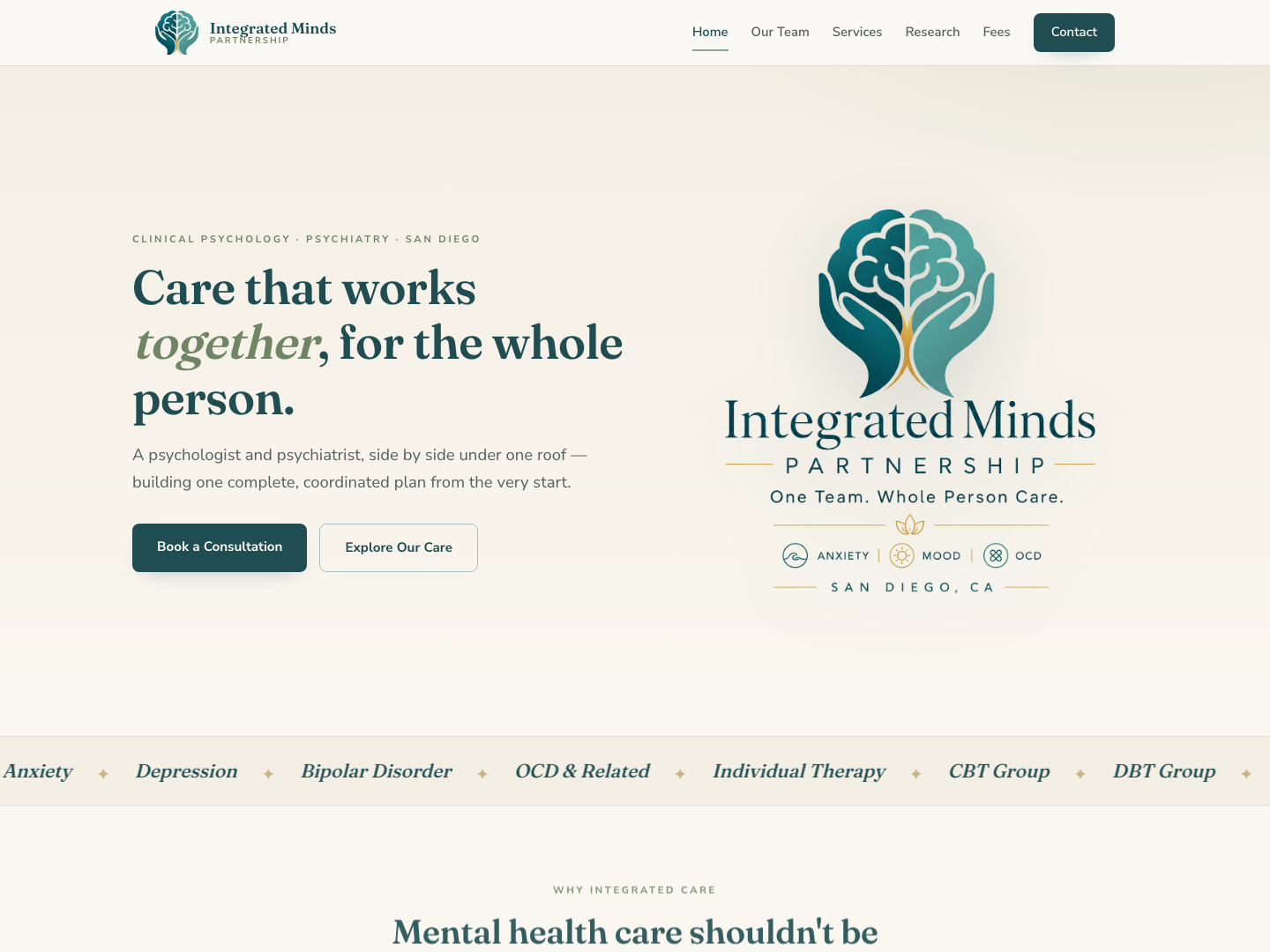 Integrated Minds Partnership — psychology and psychiatry practice site, designed and built by Lumen Studio