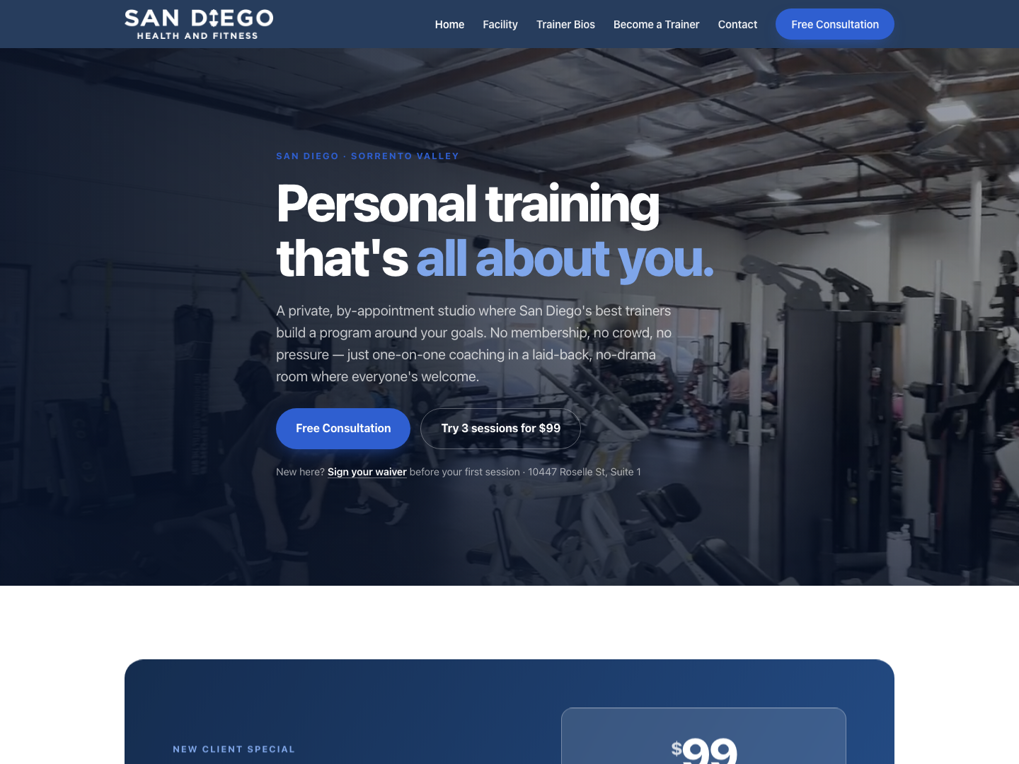 SDHealthFit — Sorrento Valley personal-training studio site, designed and built by Lumen Studio